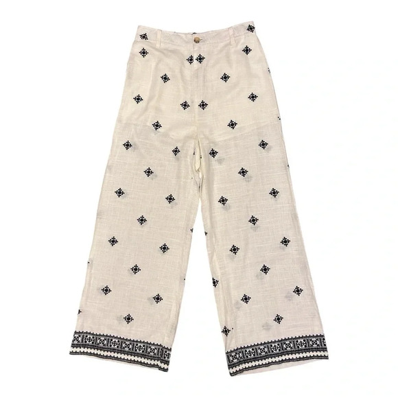 Fore Linen Straight Leg Embroidered Print Pants Resortwear boho tropical summer - Picture 6 of 13